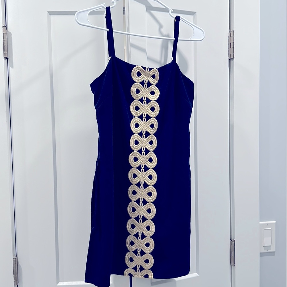 Lilly Pulitzer Sahar True Navy Gold Lace Detail Crepe Shift Dress Romper 2